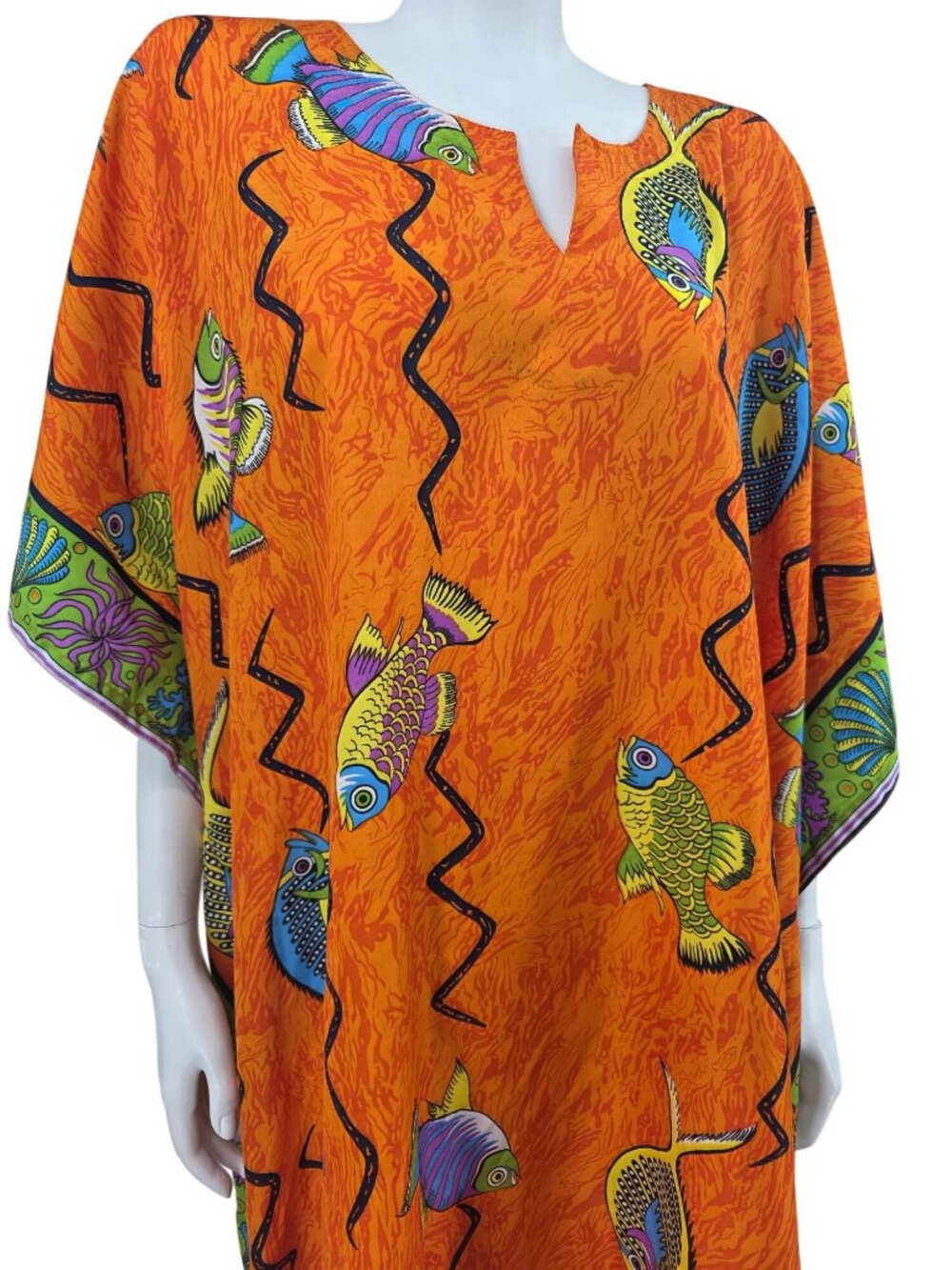 Bright Orange Fish Print Rima Kaftan Dress One Size Fits All 100% Tervoile Made